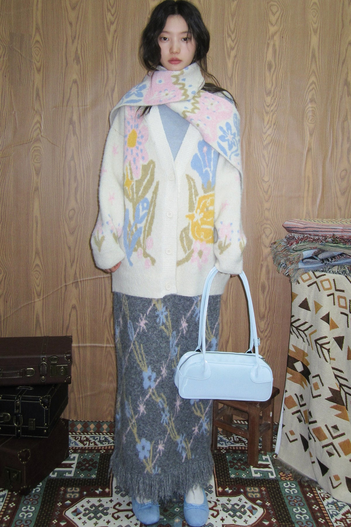 Ear-Flap Bird Tulip Jacquard Wool Cardigan
