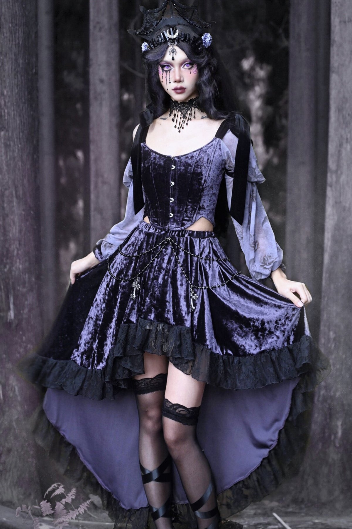 Gothic Velvet High-Low Lace Trim Skirt
