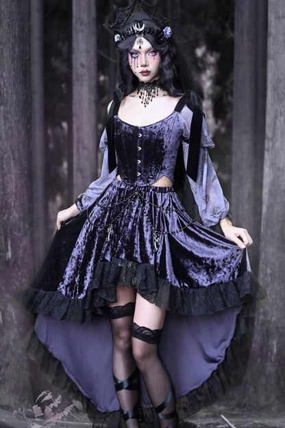 Gothic Velvet High-Low Lace Trim Skirt