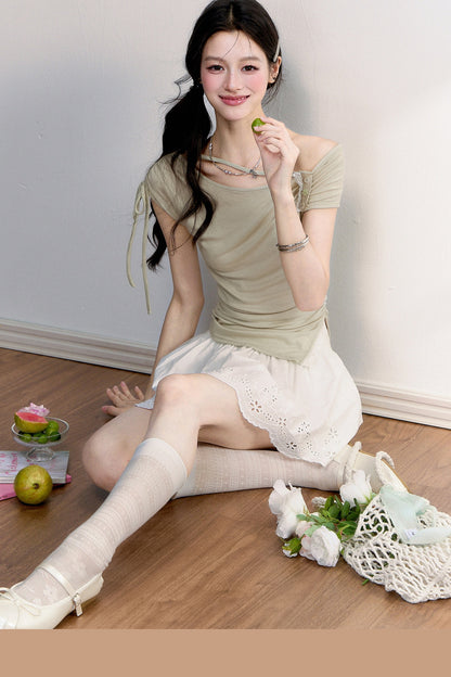 Off-Shoulder Tie Lace Trim Top