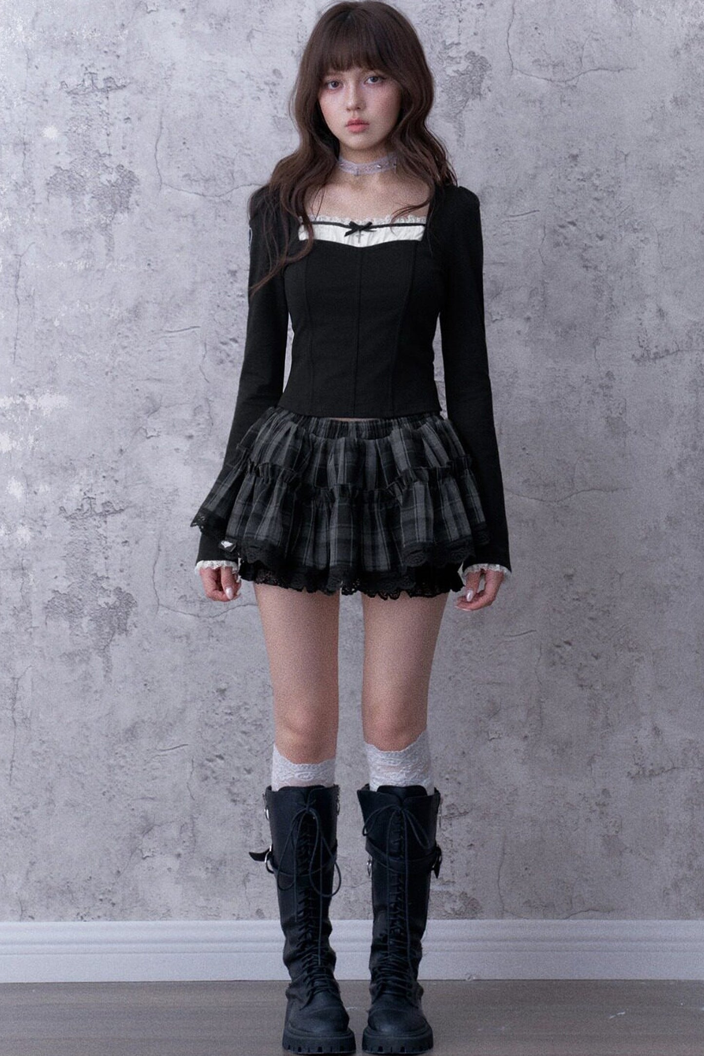 Gray Black Plaid Three-Layer Puffy Skirt