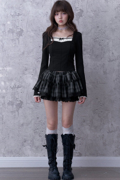 Gray Black Plaid Three-Layer Puffy Skirt