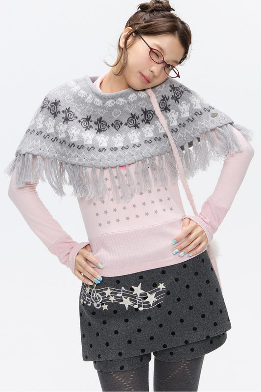 Fair Isle Tassel Knit Cape
