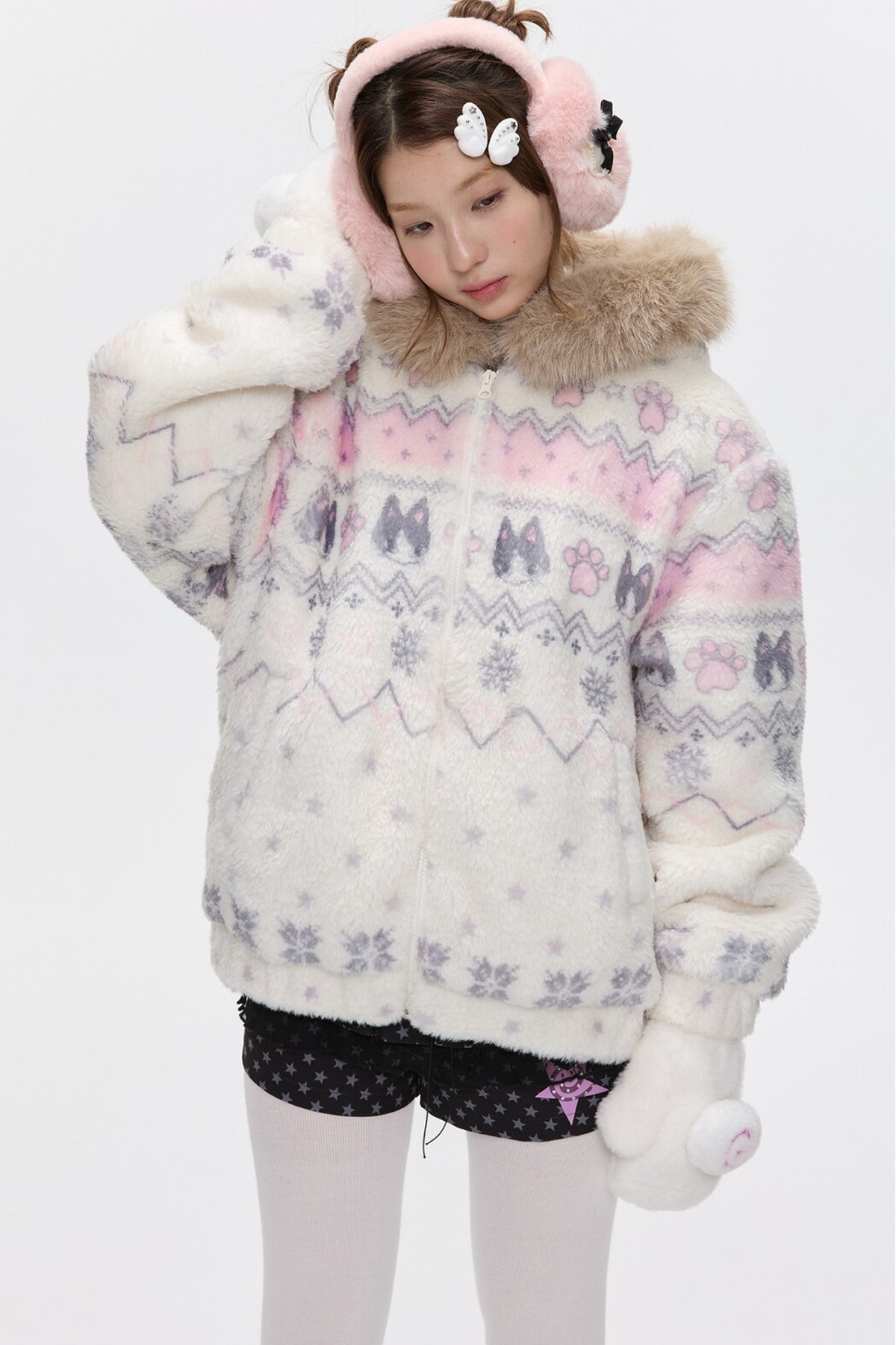 Beige Lamb Wool Fur Collar Jacket