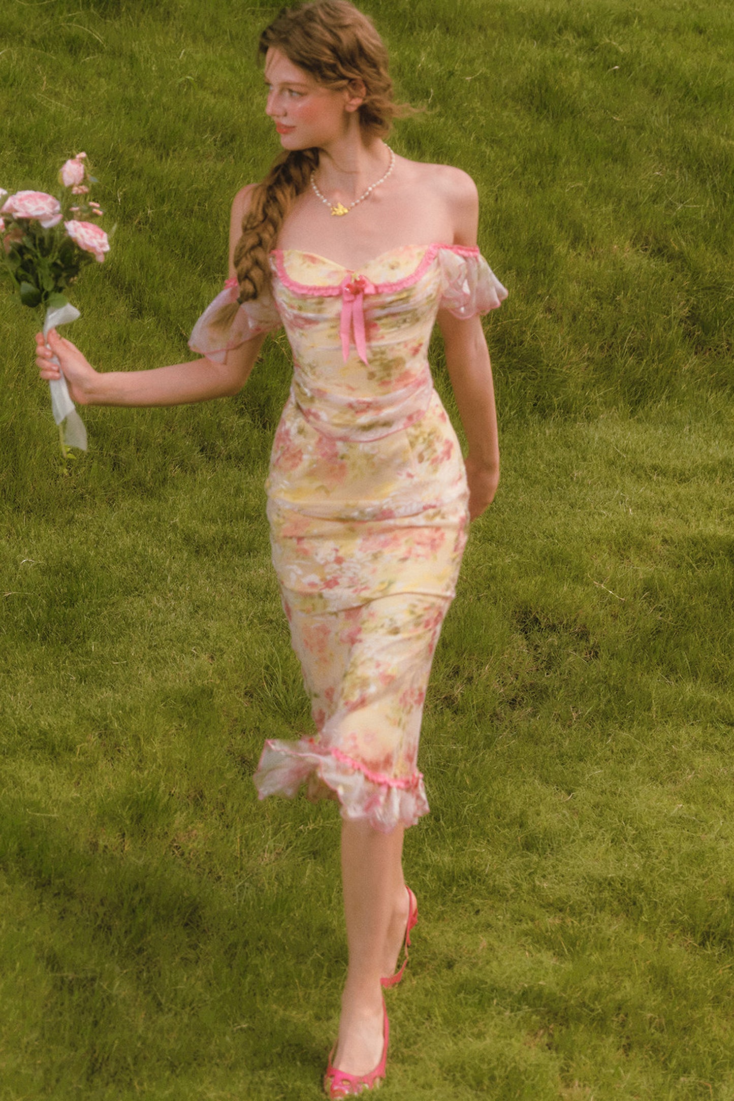 Floral Off-Shoulder Fishbone Corset Top and Skirt Set-Up