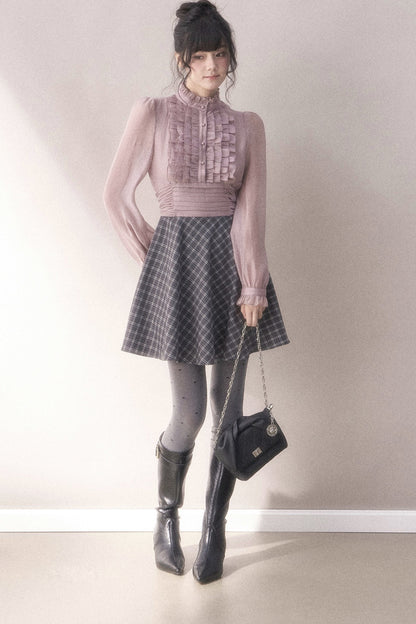 Gray-Purple Plaid Layered Pleated Stand-Collar Dress
