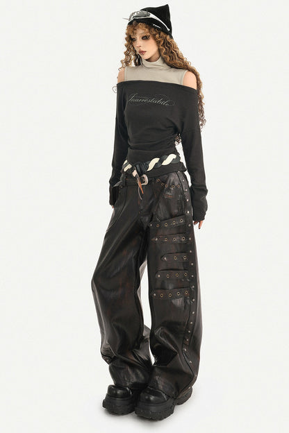 Rivet-Decorated Wide-Leg Leather Pants