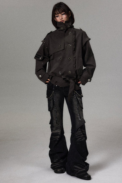 Punk Double-Breasted Lace Trim Trench Coat
