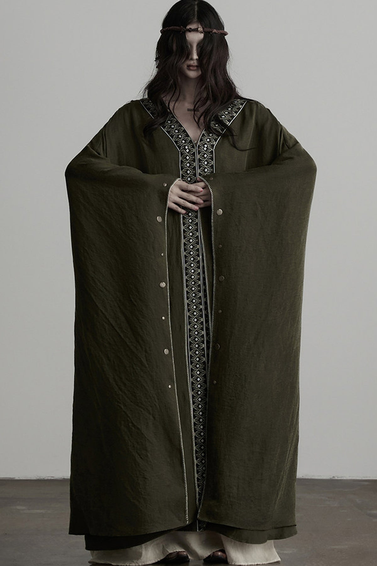 Dark Forest Green Embroidered Detachable Hood Cape