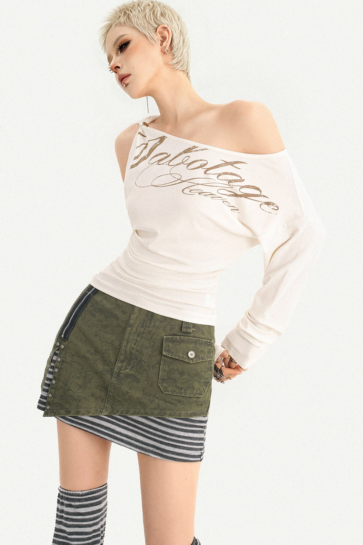 Off-Shoulder Letter Print Long-Sleeve T-Shirt