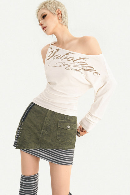 Off-Shoulder Letter Print Long-Sleeve T-Shirt