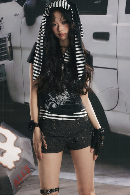 Striped Collar Skeleton Graphic Hooded Top