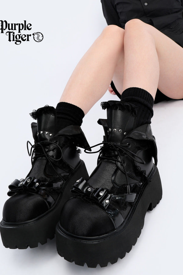 Japanese Style Bow Platform Ankle Boots