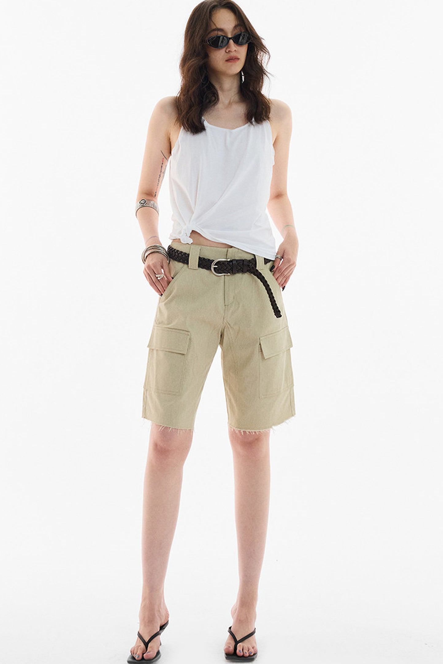 Khaki Workwear Straight-Leg Frayed Hem Pants
