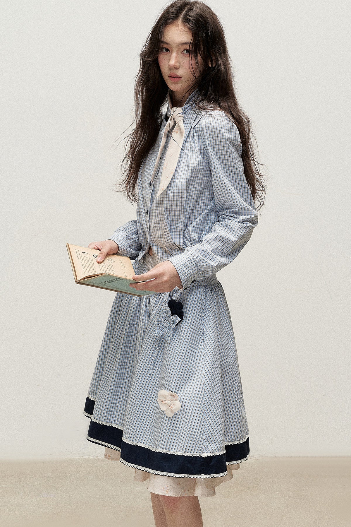 Plaid Contrast Ribbon Shirt and Skirt Set-Up