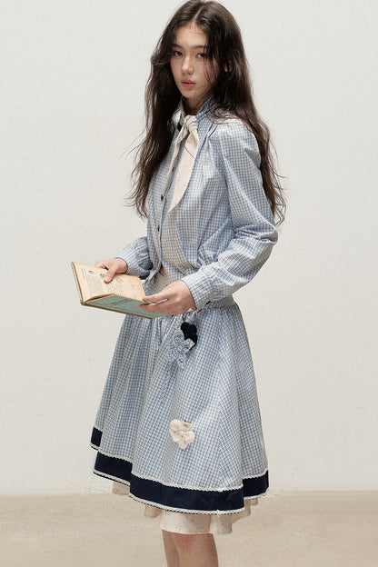 Plaid Contrast Ribbon Shirt and Skirt Set-Up