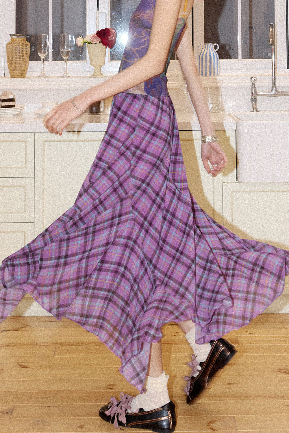 Asymmetrical Color-Block Plaid Chiffon Skirt