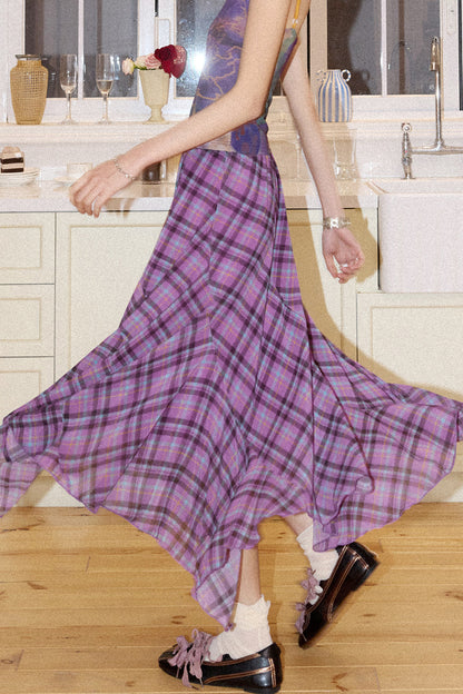 Asymmetrical Color-Block Plaid Chiffon Skirt