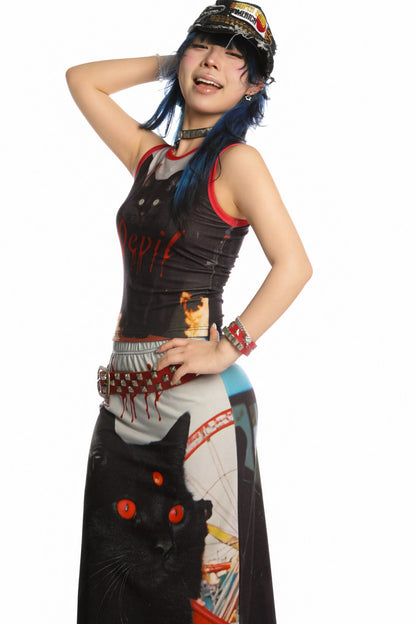 Y2K Devil Cat Print Sleeveless Tank Top