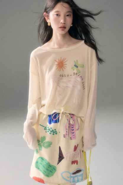 Long-Sleeve Fruit Vegetable Dog Print T-Shirt Set-Up