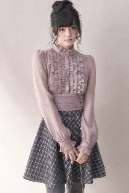 Gray-Purple Plaid Layered Pleated Stand-Collar Dress