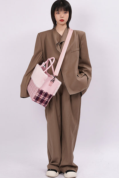 Furry Color-Block Tote Bag