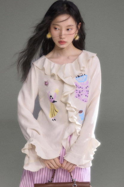 French Ruffle Flared Long-Sleeve Blouse