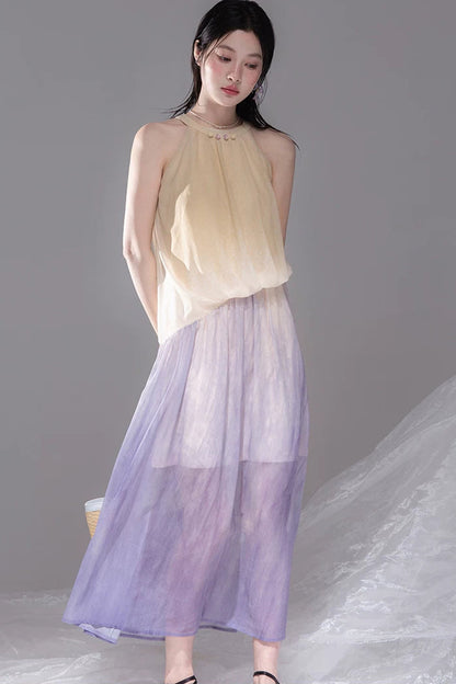 Gradient Sunset Halter Dress