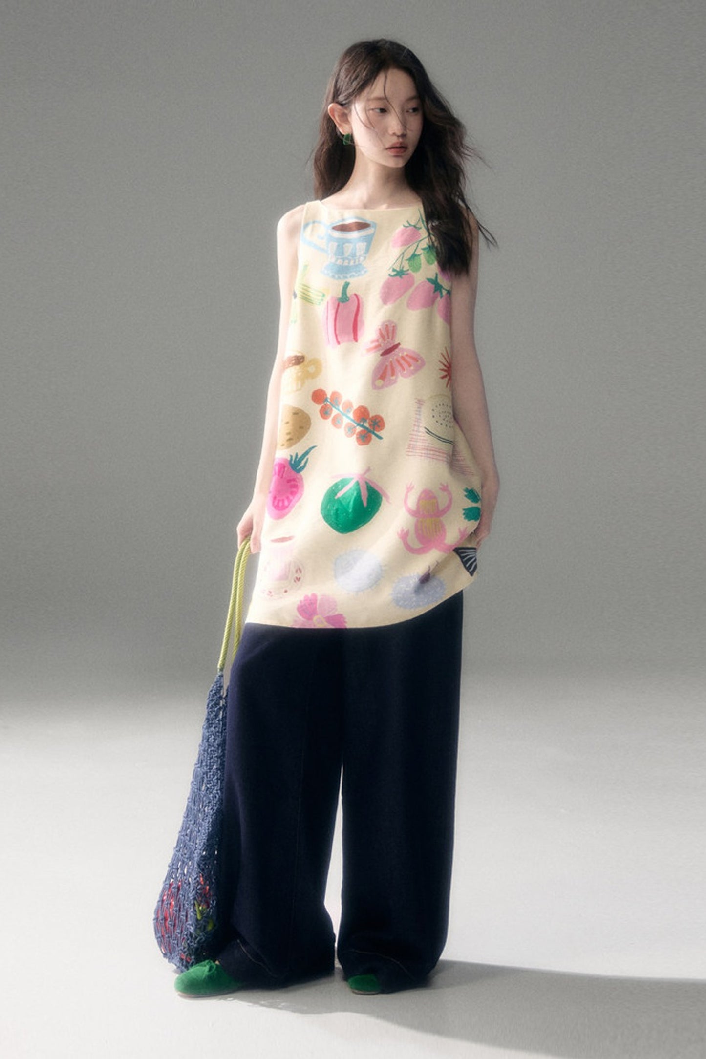 Hand-Painted Fruit Vegetable Print Sleeveless Vest Dress
