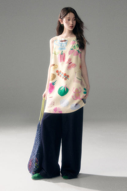Hand-Painted Fruit Vegetable Print Sleeveless Vest Dress