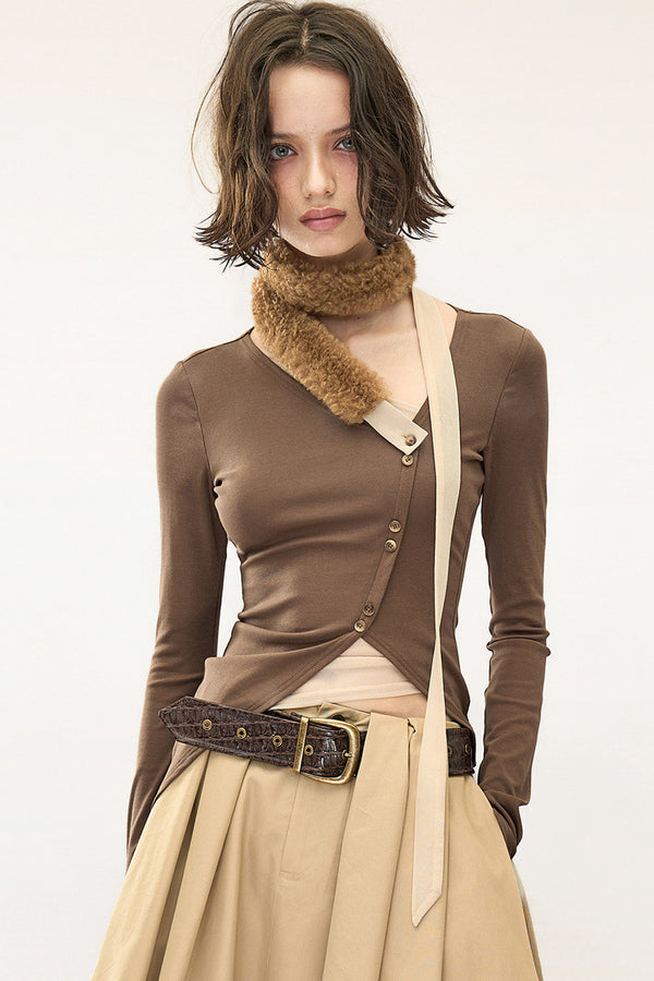 Detachable Fur Collar Irregular Placket Long-Sleeve T-Shirt