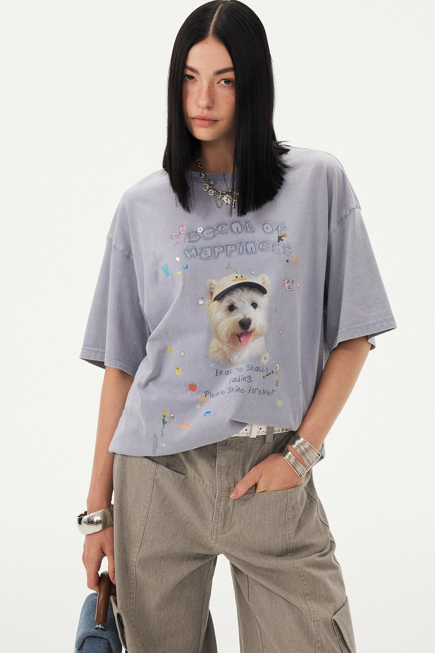 Rhinestone Cartoon Dog Drop Shoulder T-Shirt