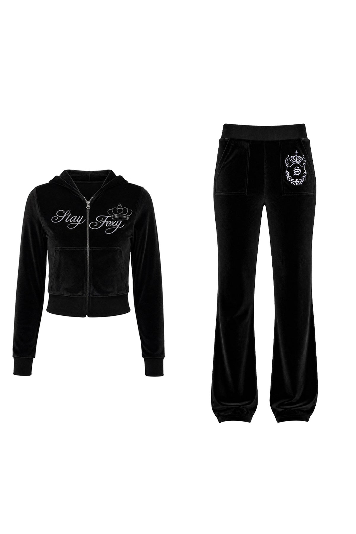 Glossy Velvet Hooded Tracksuit Set-Up