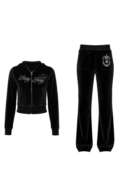 Glossy Velvet Hooded Tracksuit Set-Up