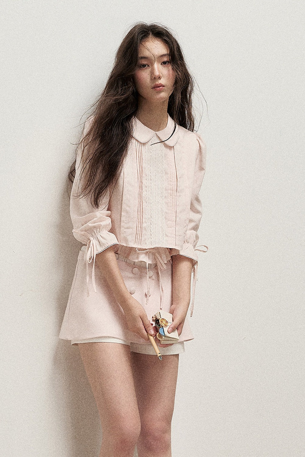 Mist Pink Lyocell Linen Mid-Sleeve Tuck Pleat Shirt Skirt Set-Up
