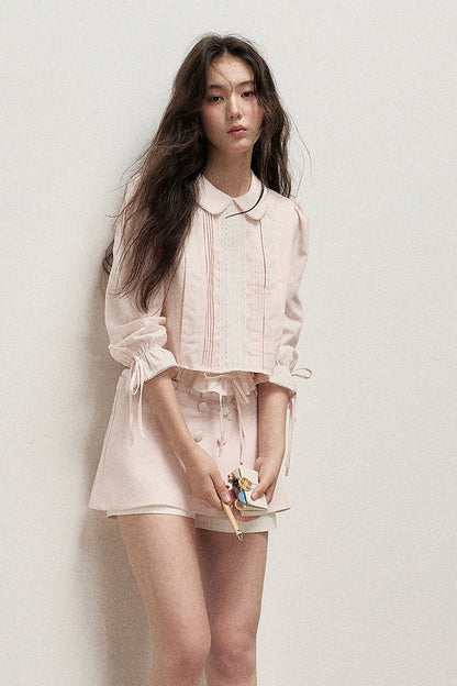 Mist Pink Lyocell Linen Mid-Sleeve Tuck Pleat Shirt Skirt Set-Up