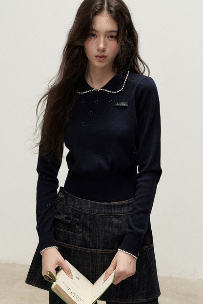 Collar Floral Hollow Knit Top