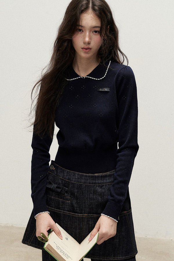 Collar Floral Hollow Knit Top