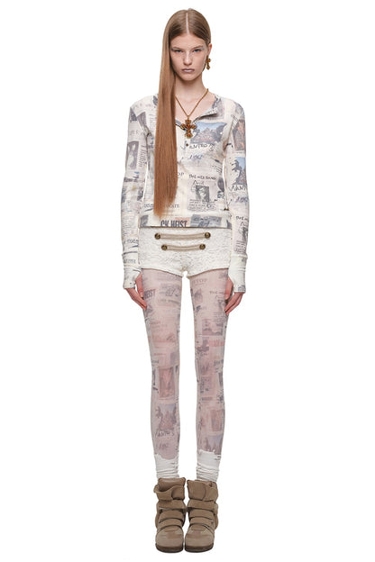 Retro Cat Irregular Newspaper Print One-Piece Stockings