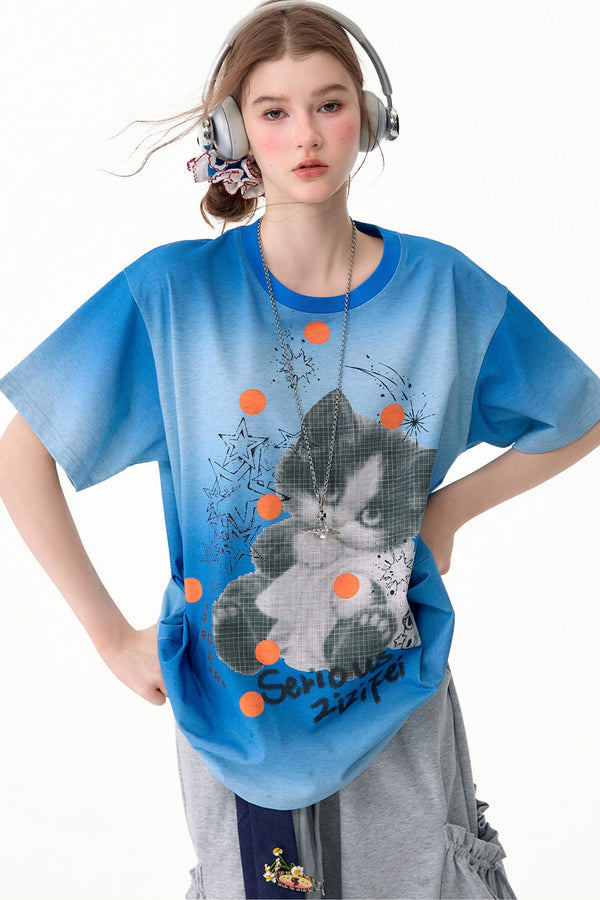 Blue Gradient Cat Print T-Shirt