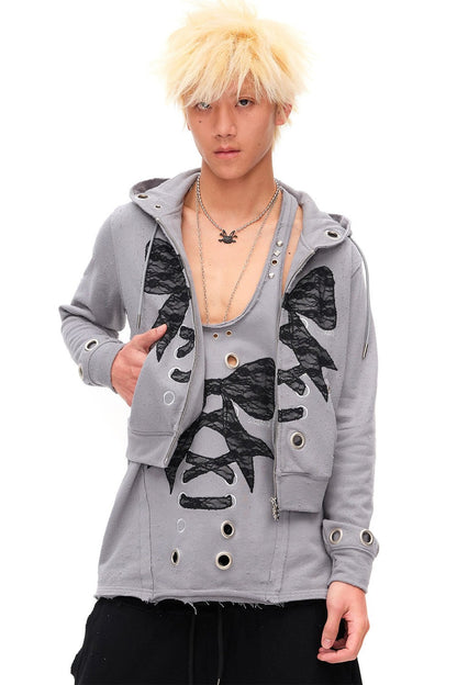 Distressed Lace Bow Hoodie