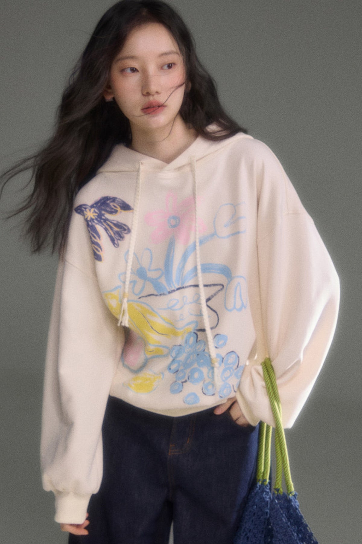 Ear Detail Bird Fruit Print Sweatshirt and Skirt Set-Up