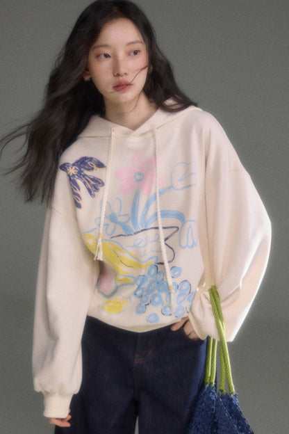Ear Detail Bird Fruit Print Sweatshirt and Skirt Set-Up