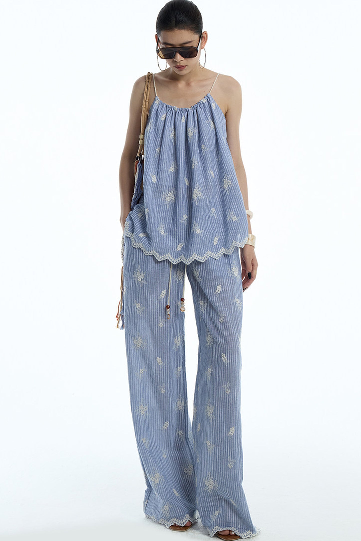 Gray-Blue Jacquard Halter Camisole and Shorts Set-Up