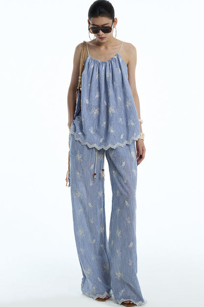 Gray-Blue Jacquard Halter Camisole and Shorts Set-Up