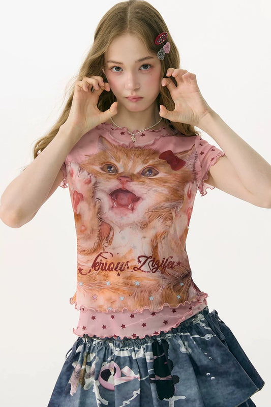 Retro Pink Cat Star Mesh T-Shirt