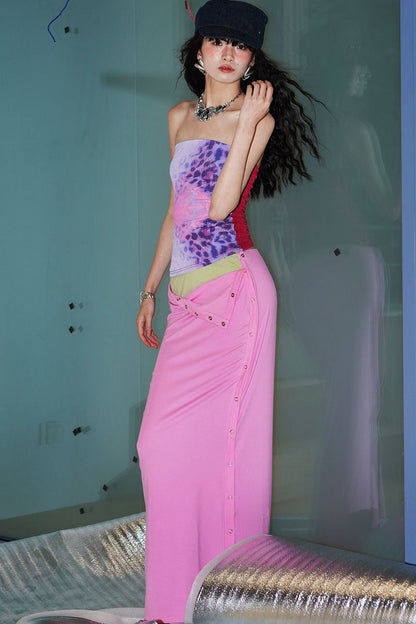 Retro Color-Block Lyocell Skirt
