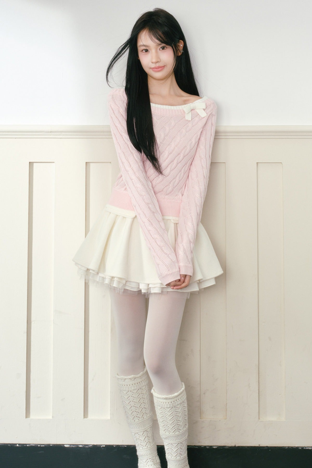 Pink Bow Cable-Knit Off-Shoulder Sweater