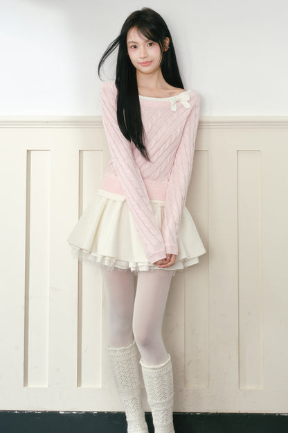Pink Bow Cable-Knit Off-Shoulder Sweater