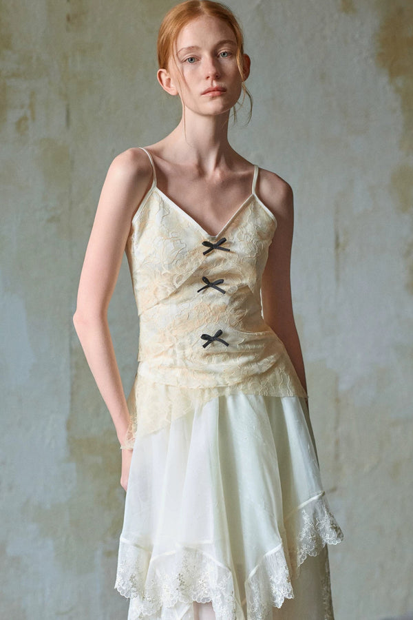Beige Lace Bow Camisole Set-Up